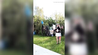 In attire with a schoolgirl dress to gather laundry and for an evening out.