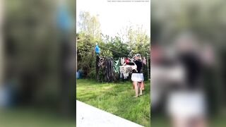 In attire with a schoolgirl dress to gather laundry and for an evening out.