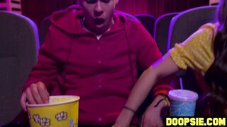 Petite MILF enjoys a steamy threesome with two bisexual studs at the movies