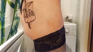 Naughty babe in stockings shaves her pussy, cock and testicles in a hot shave