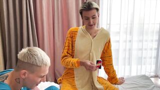 Two naughty twinks get down and dirty in pajama party and share cum in hot threesome