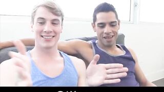 Watch this Latino stud destroy his white friend's pussy with his massive cock