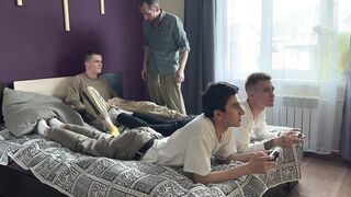 Stepdad & friends get naughty while stepdaughter's gaming - he fucks them hard!