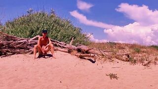 naked pathetic white slave uninhibited masturbate his uncut dick at the gay beach, CMNM