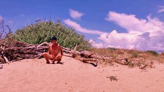 naked pathetic white slave uninhibited masturbate his uncut dick at the gay beach, CMNM