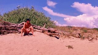 naked pathetic white slave uninhibited masturbate his uncut dick at the gay beach, CMNM