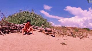 naked pathetic white slave uninhibited masturbate his uncut dick at the gay beach, CMNM