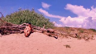 naked pathetic white slave uninhibited masturbate his uncut dick at the gay beach, CMNM