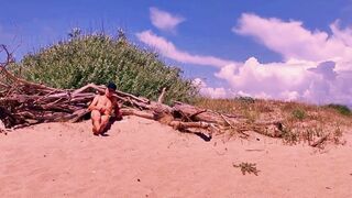 naked pathetic white slave uninhibited masturbate his uncut dick at the gay beach, CMNM