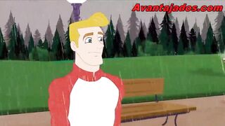 Gay blowjob with a black cock in the park.