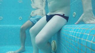 Amateur pale skin redhead guy with hot smooth bum caught soft playing underwater in a public jacuzzi with a twink and then exposing his hairless ass alone - FREE VERSION