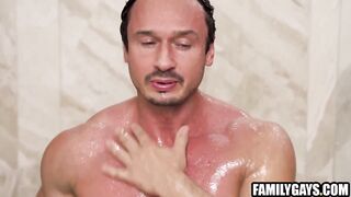 Stepdad and stepson shower together