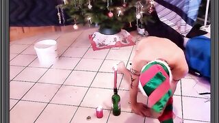 naked pathetic dirty white slave with XMAS and NEW YEAR greetings clean up the mess with cucumber in gay ass, CMNM