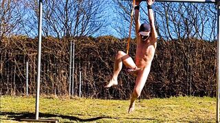 naked pathetic white slave public outdoor in penis cage do fitness and swings at his gay balls, CMNM