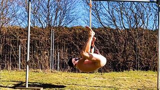 naked pathetic white slave public outdoor in penis cage do fitness and swings at his gay balls, CMNM