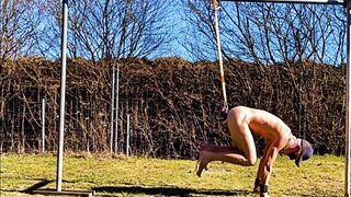 naked pathetic white slave public outdoor in penis cage do fitness and swings at his gay balls, CMNM - 2 image