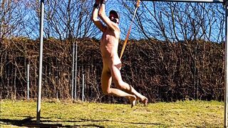 naked pathetic white slave public outdoor in penis cage do fitness and swings at his gay balls, CMNM