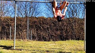 naked pathetic white slave public outdoor in penis cage do fitness and swings at his gay balls, CMNM