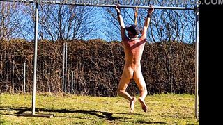 naked pathetic white slave public outdoor in penis cage do fitness and swings at his gay balls, CMNM