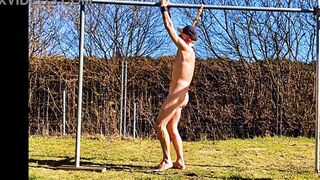 naked pathetic white slave public outdoor in penis cage do fitness and swings at his gay balls, CMNM