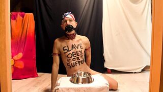 naked pathetic white slave in penis cage shave dry his uncut dick and gay balls, CMNM