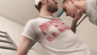 Bareback worker gets his ass licked and fucked hard while doing his job