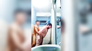 Chubby Brazilian guy gets his skinny body pounded hard by two horny guys in bathroom party