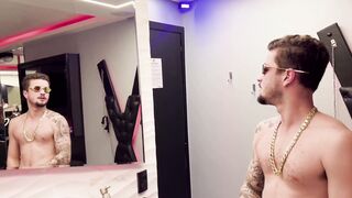 Watch three big-dicked pornstars devour the fat guy's ass and fill it with their cum