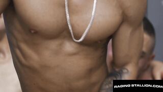 Dato, Serg & Allen in wild threesome with a hung muscle hunk on a bareback train - 9 image