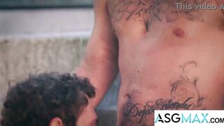 Jayden & Andrew take turns riding and fucking a big dicked muscle hunk while on the run