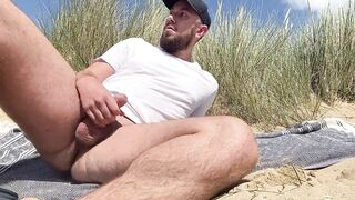 Beach Jerk off Pt 2, bearded guy cums on beach. - 8 image
