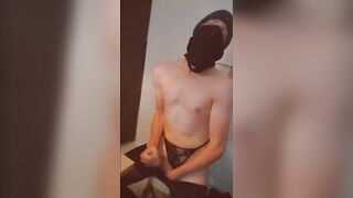 Femboy crossdresser teen with face mask masturbates and cums - 10 image